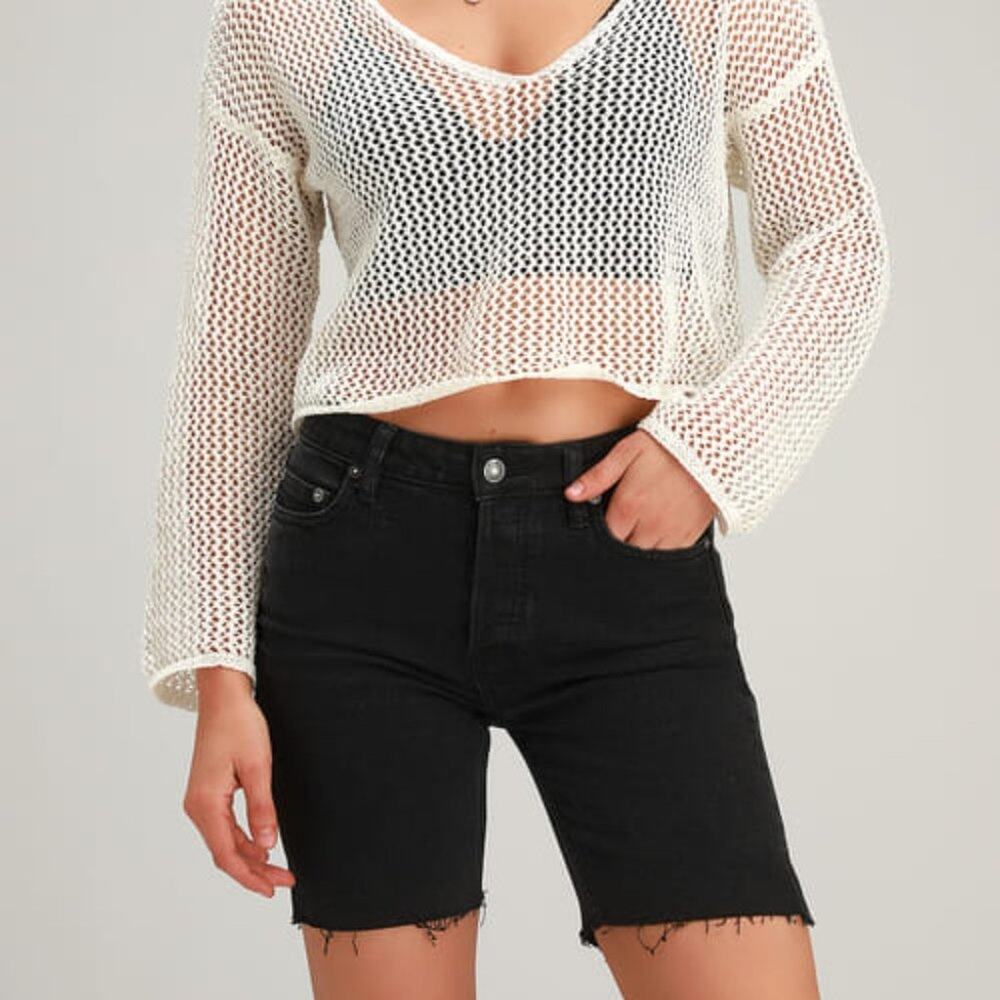 Free People Black Ash Denim Shorts Button Fly Frayed Hem | Size 24